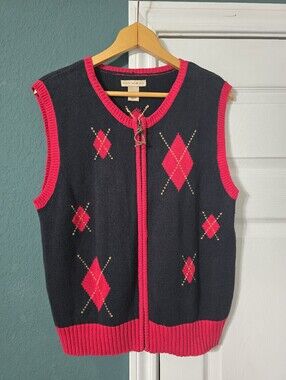 Vintage Mountain Lake Argyle Zip Up Sweater Vest Red Black Womens XL Old Money